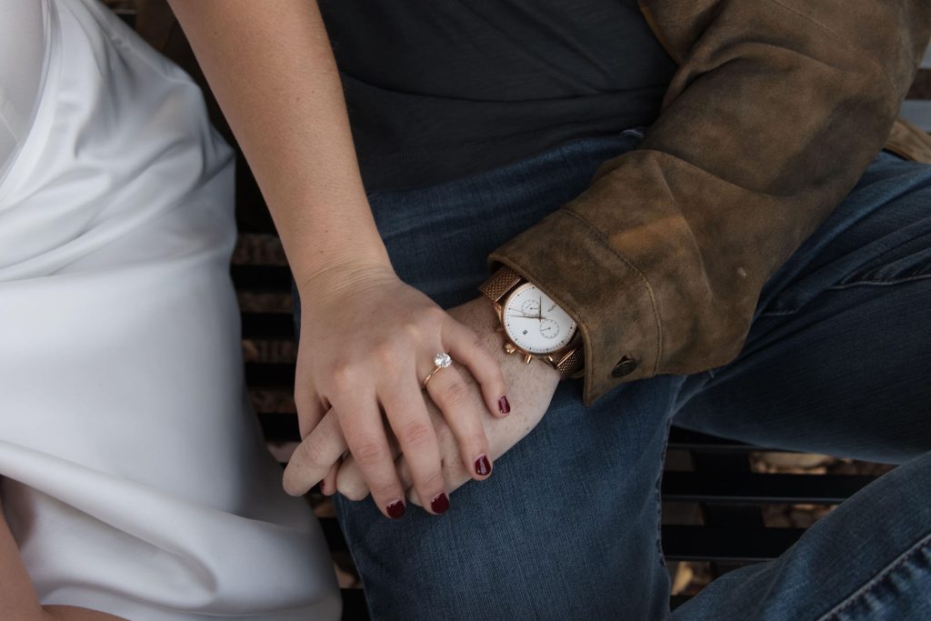 Detail picture of couple with her engagement session and his watch - downtown Raleigh NC Engagement Session