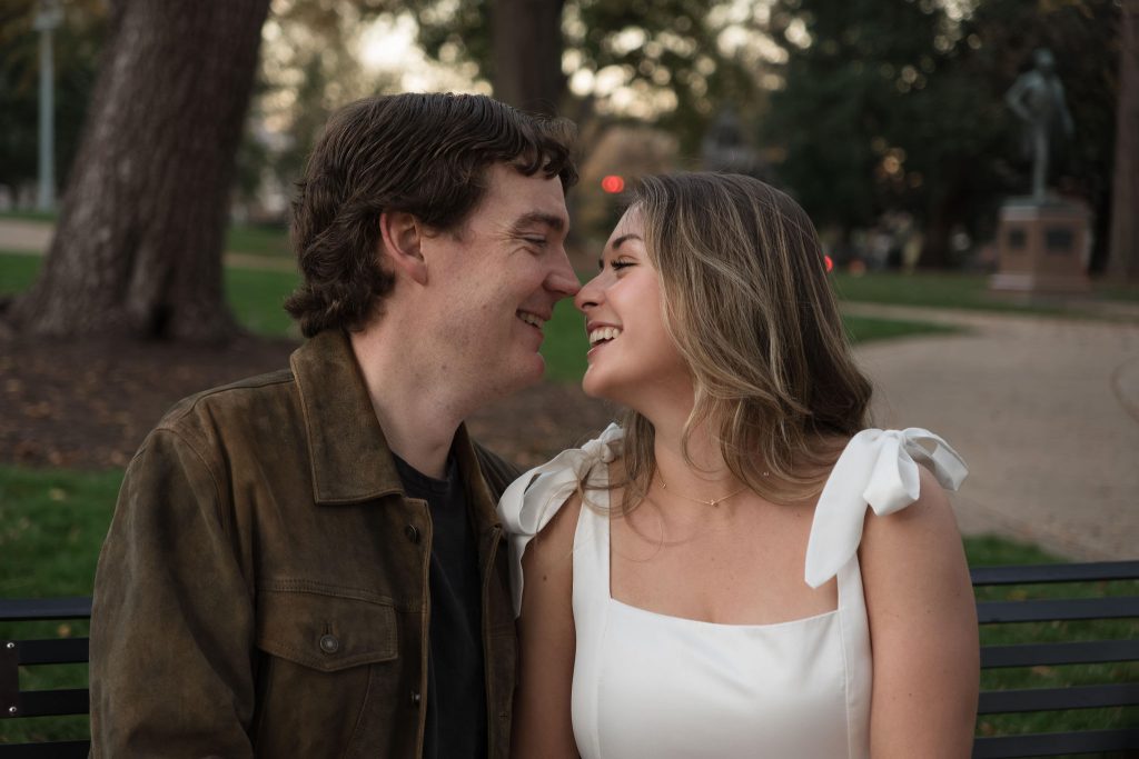 Couple about to kiss during Engagement Session in Downtown Raleigh