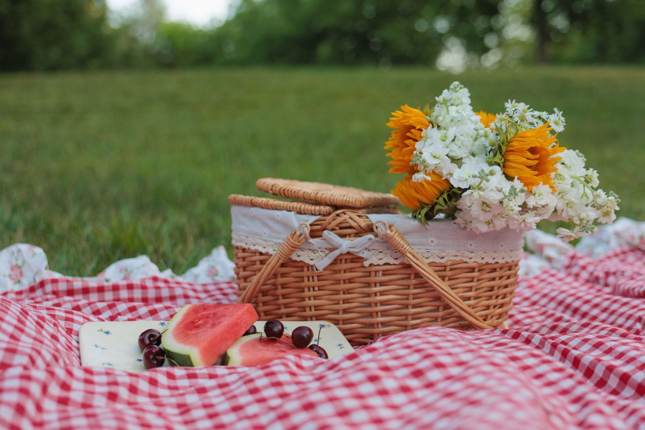 detail photograph of a picnic basket with wild flowers coming out and watermelon sitting next to them