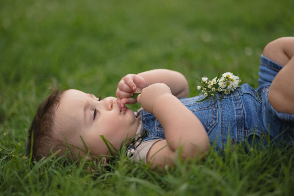 A baby laying in a grassy field with white wild flowers during a family photography session