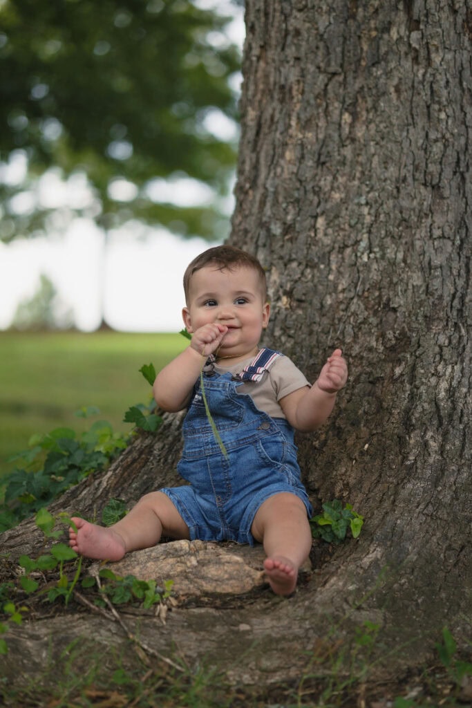 A baby sitting on a stoop next to a tree posed for his portrait during a family photography session